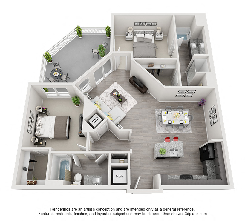 Floor plan for 2 beds, 2 baths, 1310 sqft